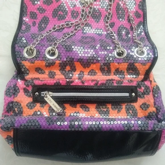Betsey Johnson sequins bag chain strap Leopard Pink Black